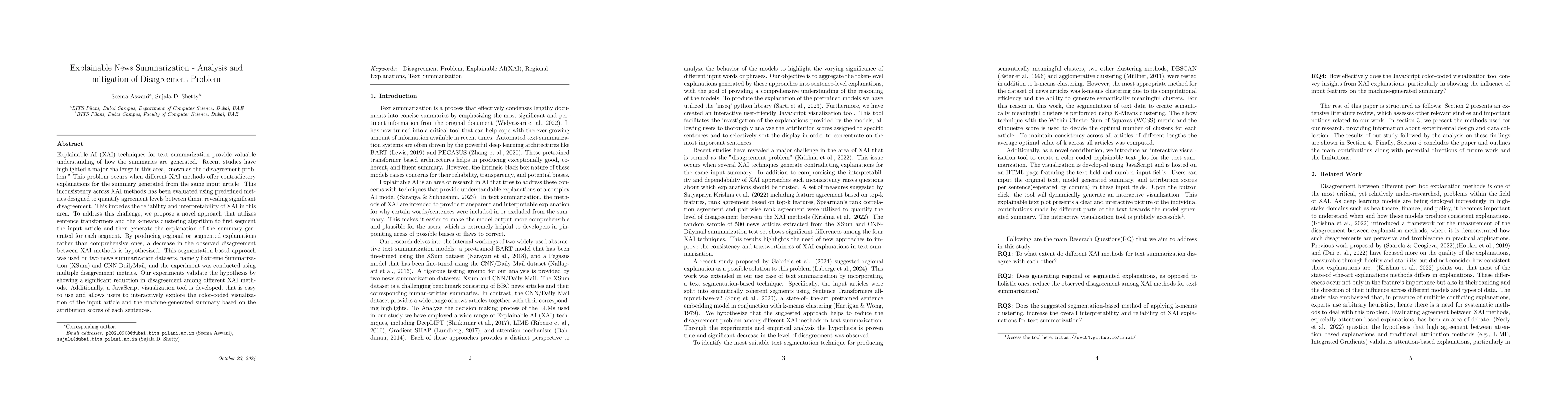 Thumbnail for Explainable News Summarization -- Analysis and mitigation of
  Disagreement Problem