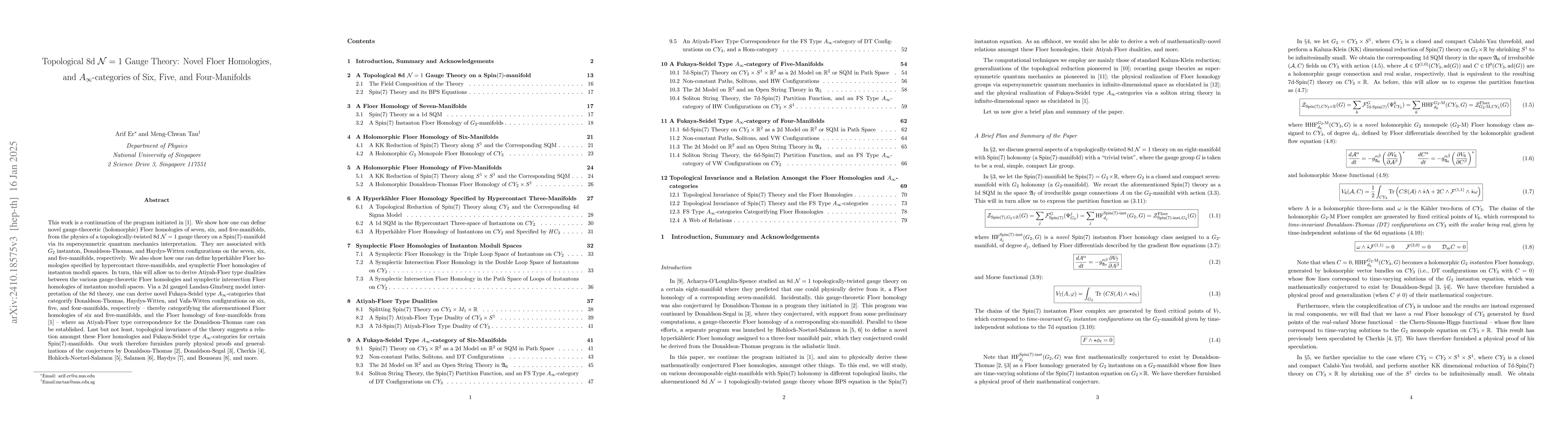 Thumbnail for Topological 8d $\mathcal{N}=1$ Gauge Theory: Novel Floer Homologies, and
  $A_\infty$-categories of Six, Five, and Four-Manifolds