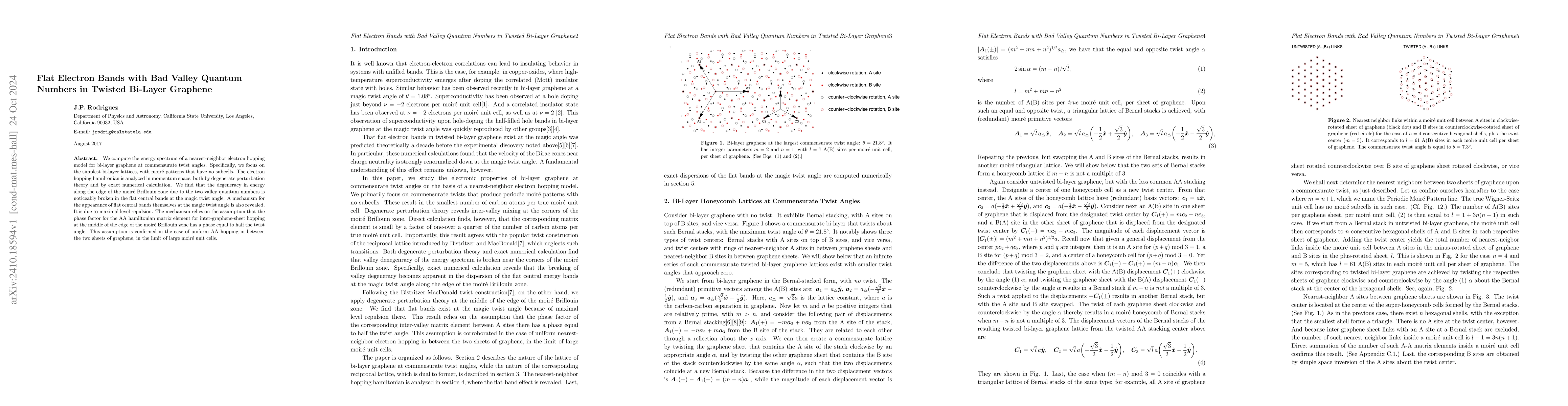Thumbnail for Flat Electron Bands with Bad Valley Quantum Numbers in Twisted Bi-Layer
  Graphene