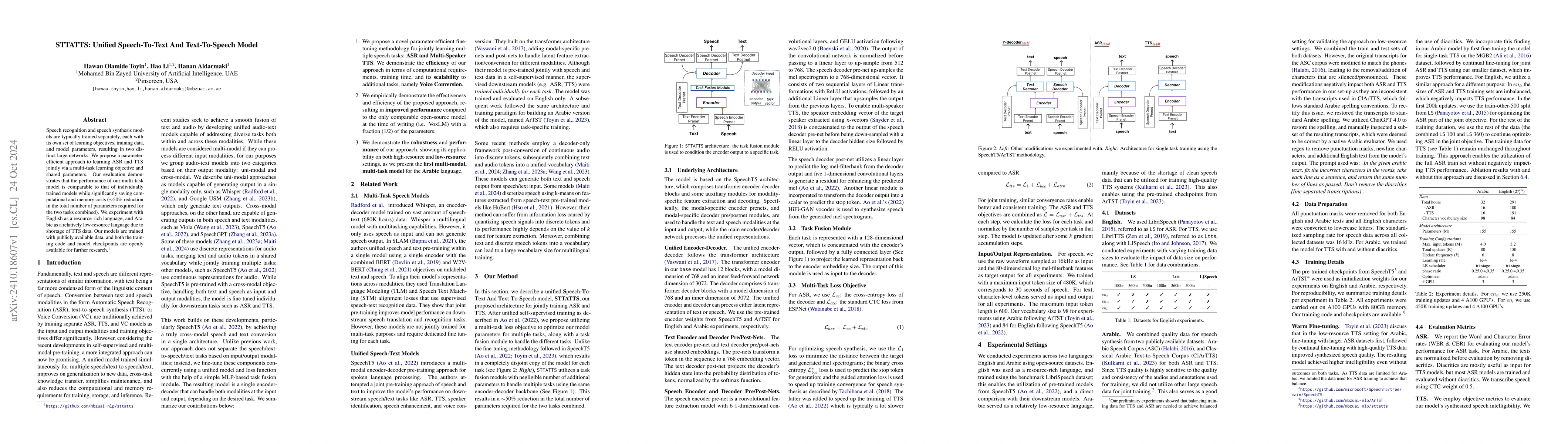Thumbnail for STTATTS: Unified Speech-To-Text And Text-To-Speech Model