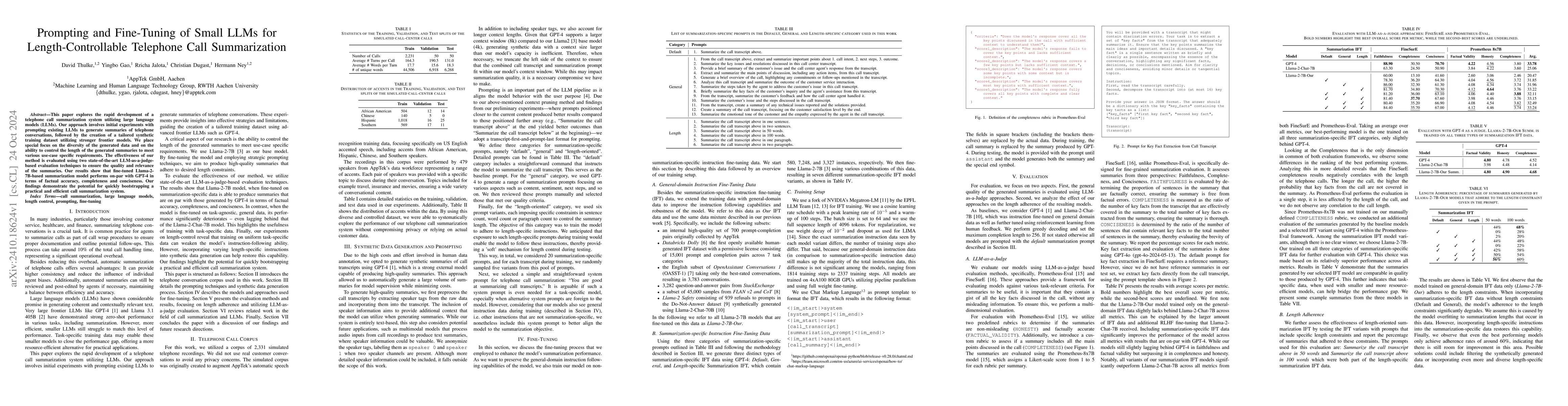 Thumbnail for Prompting and Fine-Tuning of Small LLMs for Length-Controllable
  Telephone Call Summarization