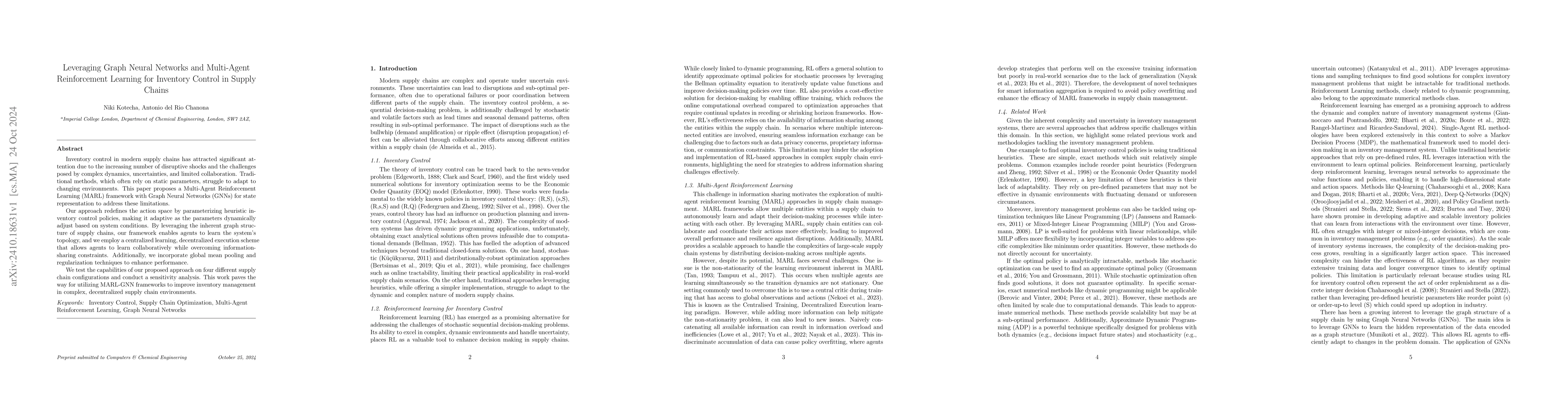 Thumbnail for Leveraging Graph Neural Networks and Multi-Agent Reinforcement Learning
  for Inventory Control in Supply Chains