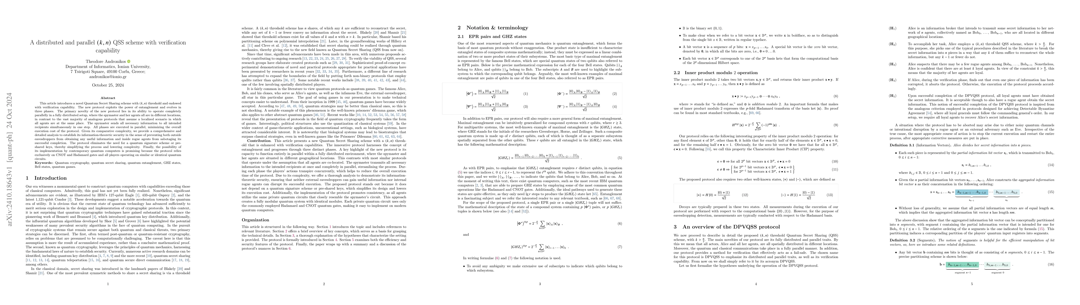 Thumbnail for A distributed and parallel $(k, n)$ QSS scheme with verification
  capability