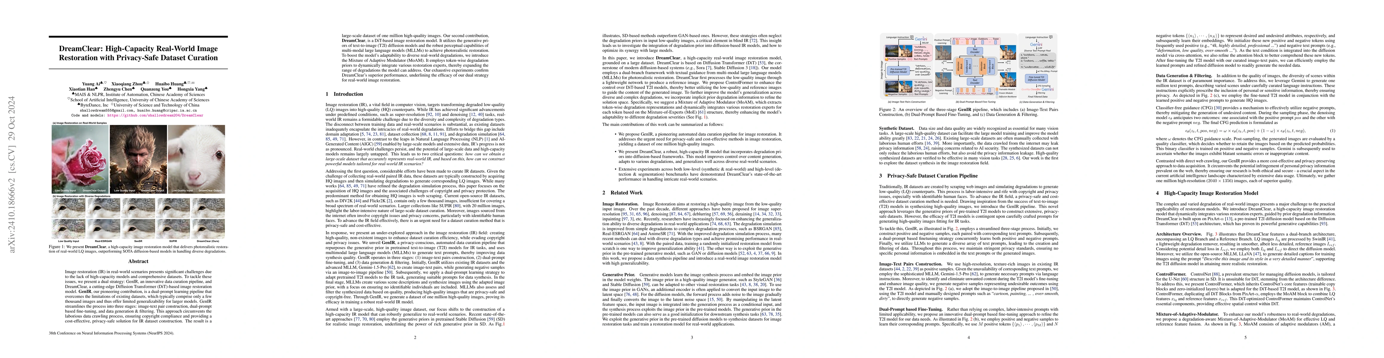 Thumbnail for DreamClear: High-Capacity Real-World Image Restoration with Privacy-Safe
  Dataset Curation