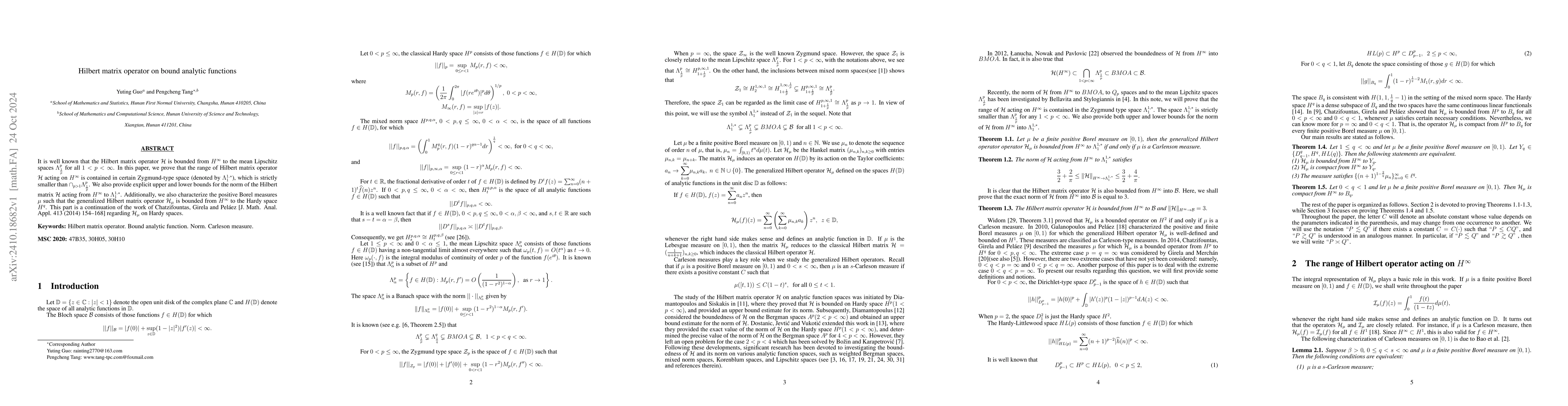 Thumbnail for Hilbert matrix operator on bound analytic functions