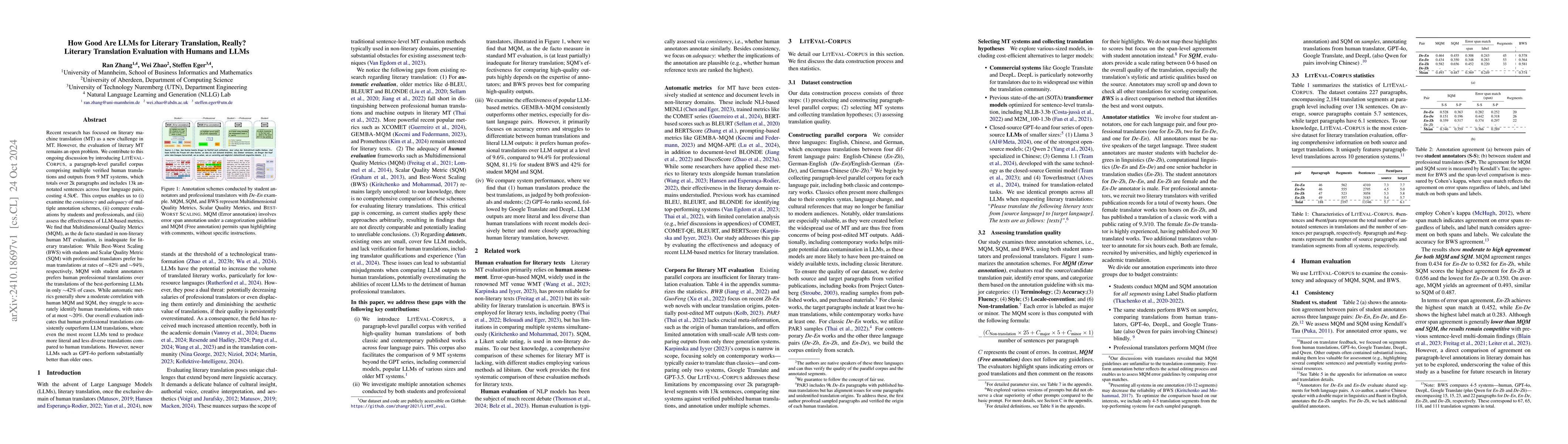 Thumbnail for How Good Are LLMs for Literary Translation, Really? Literary Translation
  Evaluation with Humans and LLMs
