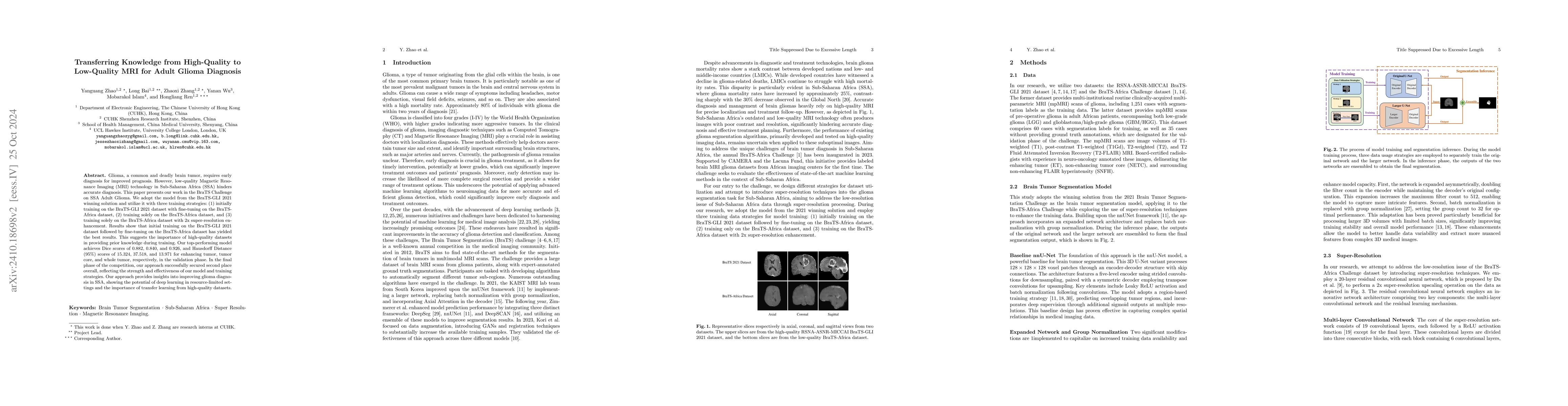 Thumbnail for Transferring Knowledge from High-Quality to Low-Quality MRI for Adult
  Glioma Diagnosis