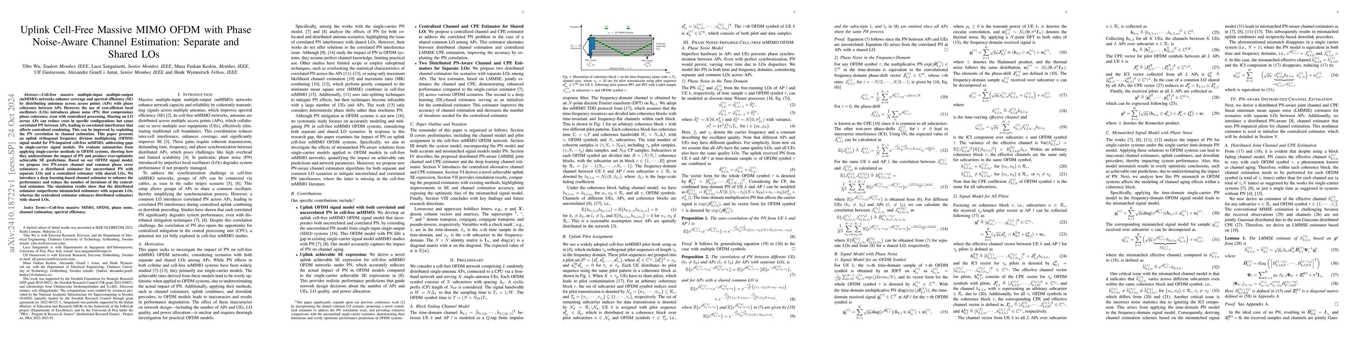 Thumbnail for Uplink Cell-Free Massive MIMO OFDM with Phase Noise-Aware Channel
  Estimation: Separate and Shared LOs