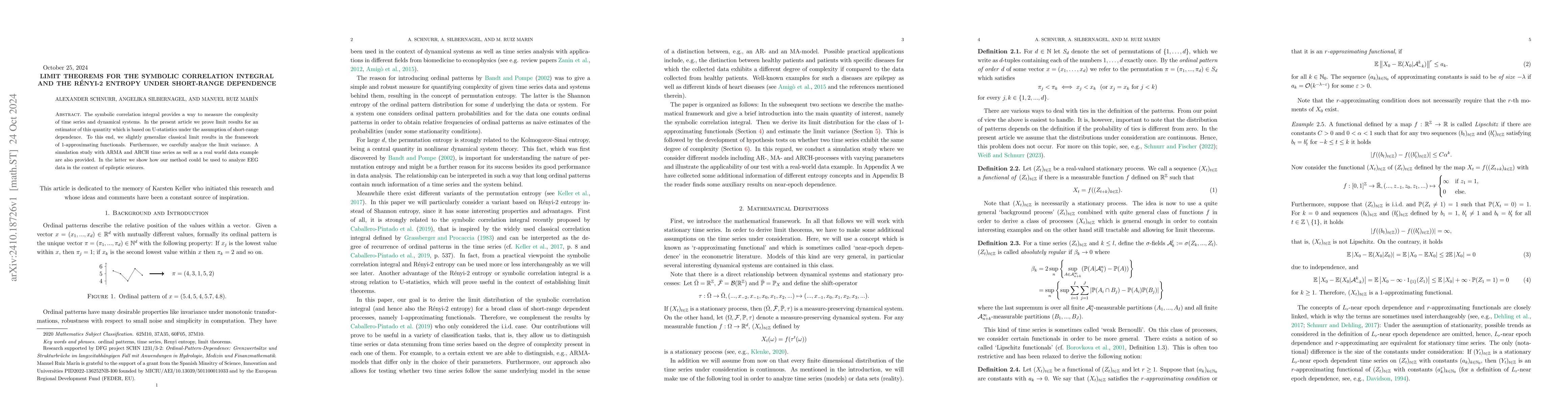 Thumbnail for Limit Theorems for the Symbolic Correlation Integral and the Renyi-2
  Entropy under Short-range Dependence