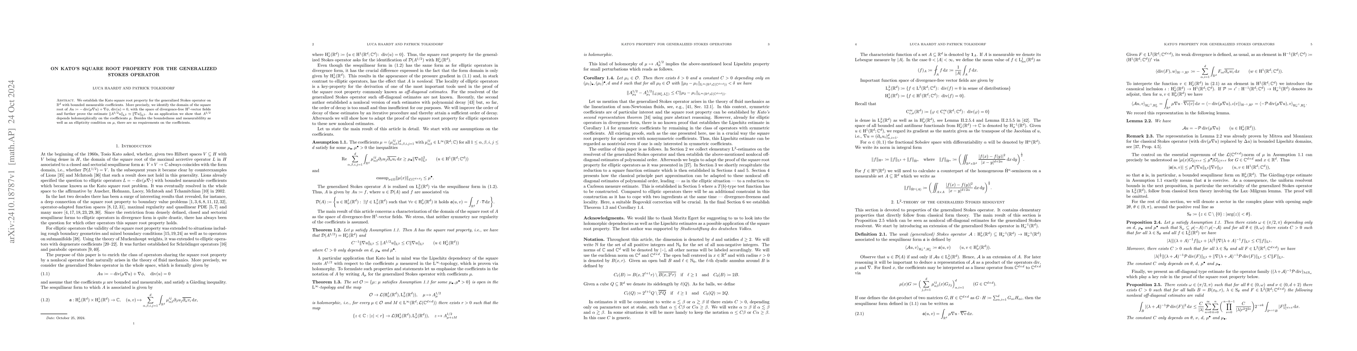 Thumbnail for On Kato's Square Root Property for the Generalized Stokes Operator