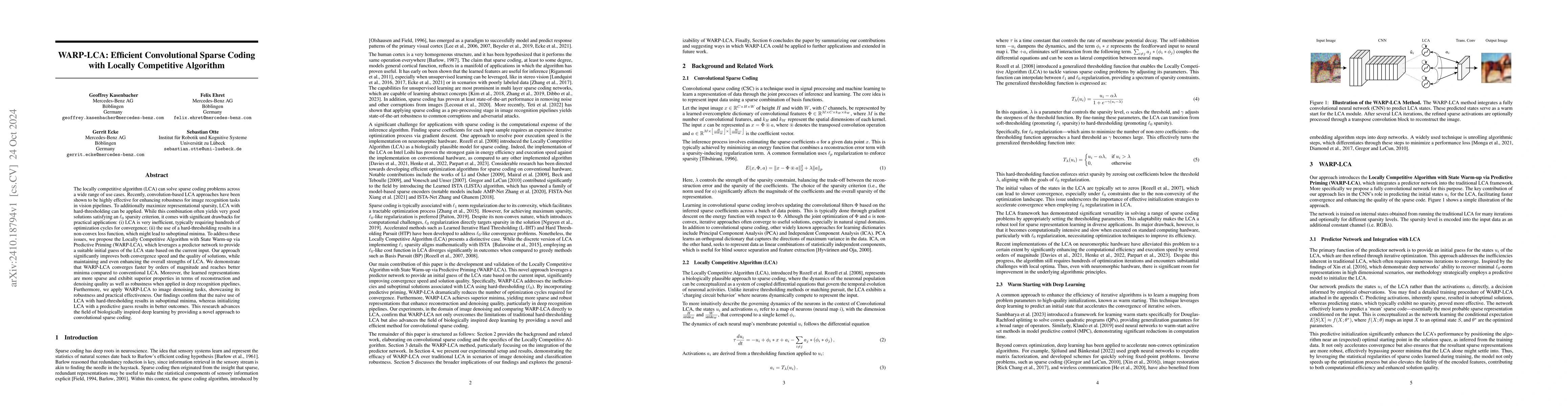 Thumbnail for WARP-LCA: Efficient Convolutional Sparse Coding with Locally Competitive
  Algorithm