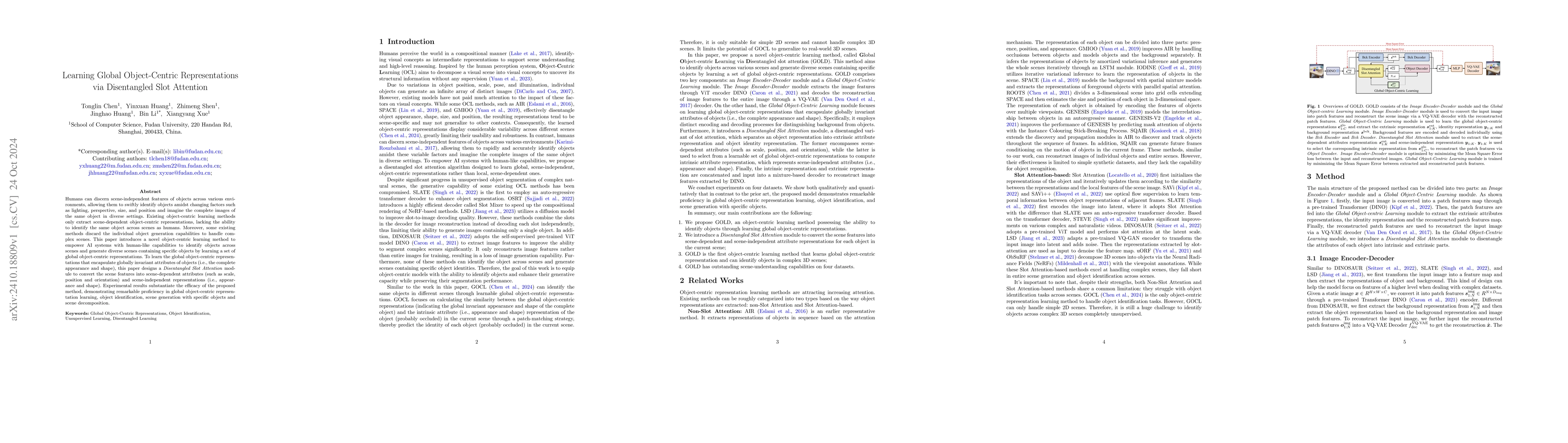 Thumbnail for Learning Global Object-Centric Representations via Disentangled Slot
  Attention