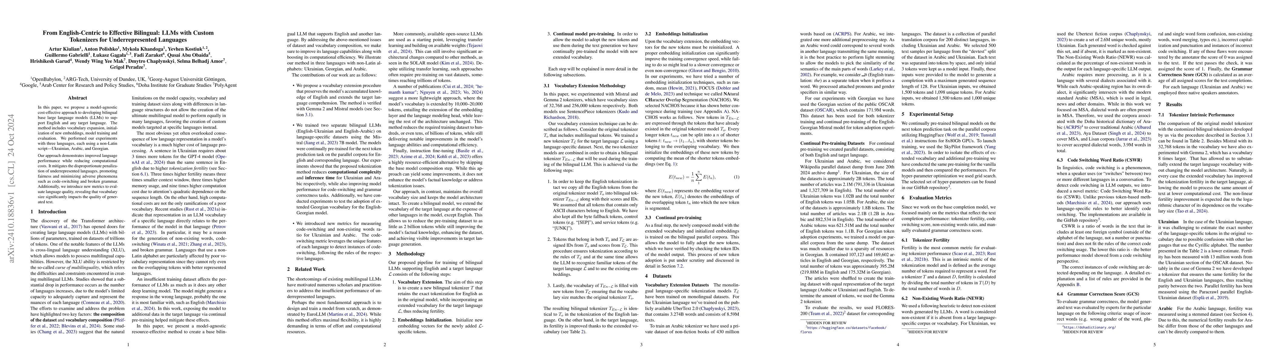 Thumbnail for From English-Centric to Effective Bilingual: LLMs with Custom Tokenizers
  for Underrepresented Languages