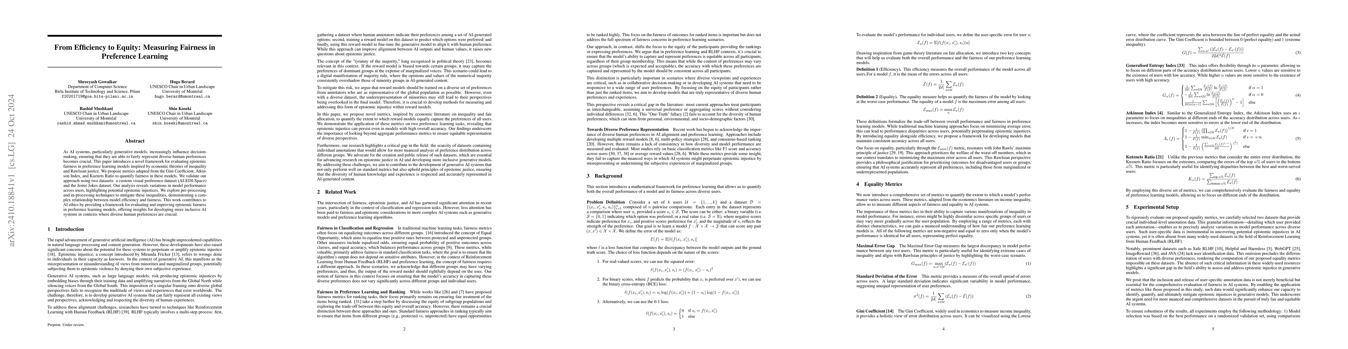 Thumbnail for From Efficiency to Equity: Measuring Fairness in Preference Learning