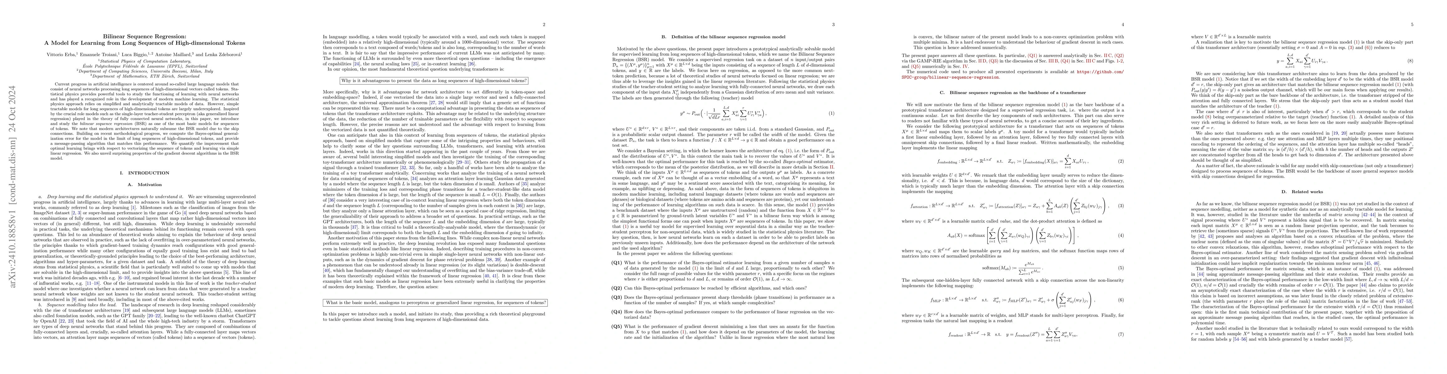 Thumbnail for Bilinear Sequence Regression: A Model for Learning from Long Sequences
  of High-dimensional Tokens
