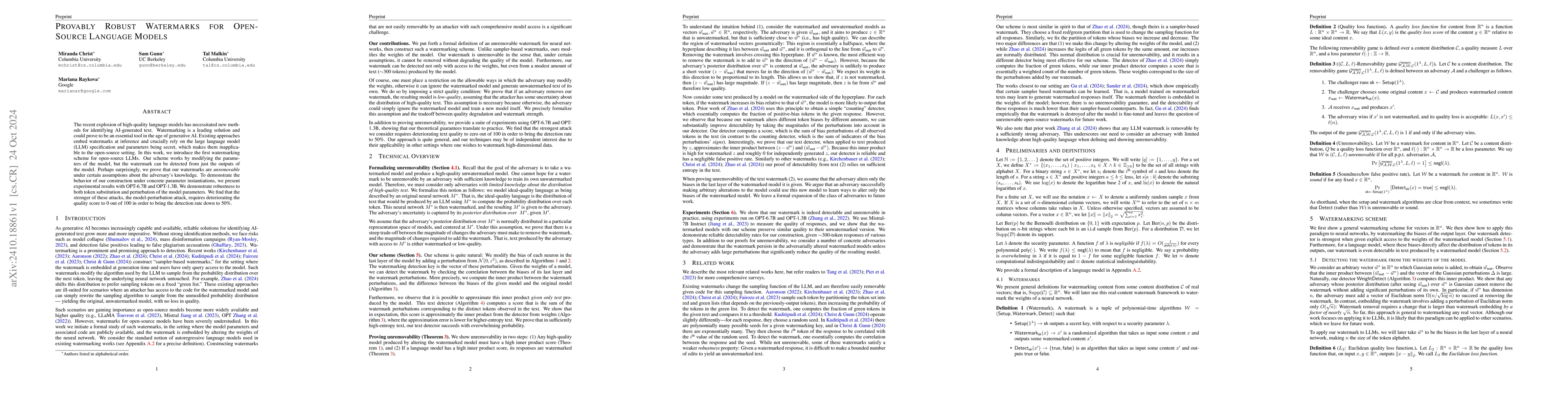 Thumbnail for Provably Robust Watermarks for Open-Source Language Models