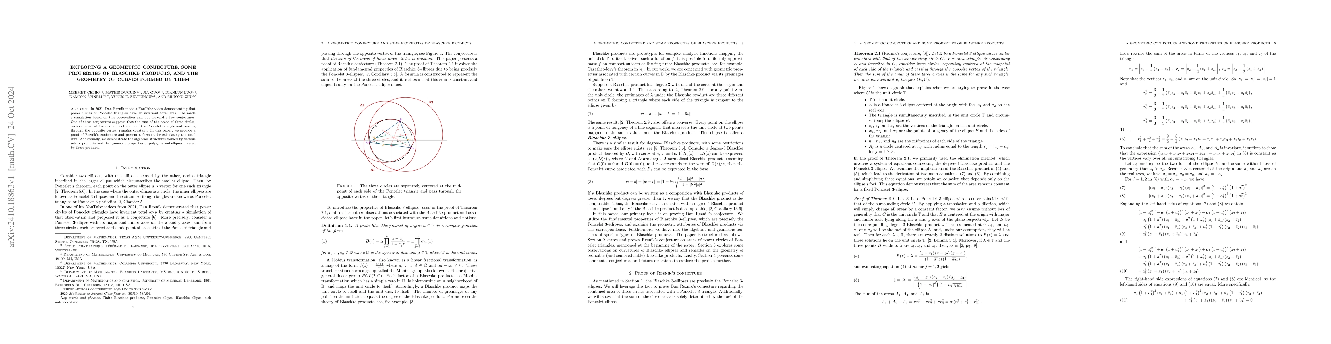 Thumbnail for Exploring a Geometric Conjecture, Some Properties of Blaschke Products,
  and the Geometry of Curves Formed by Them