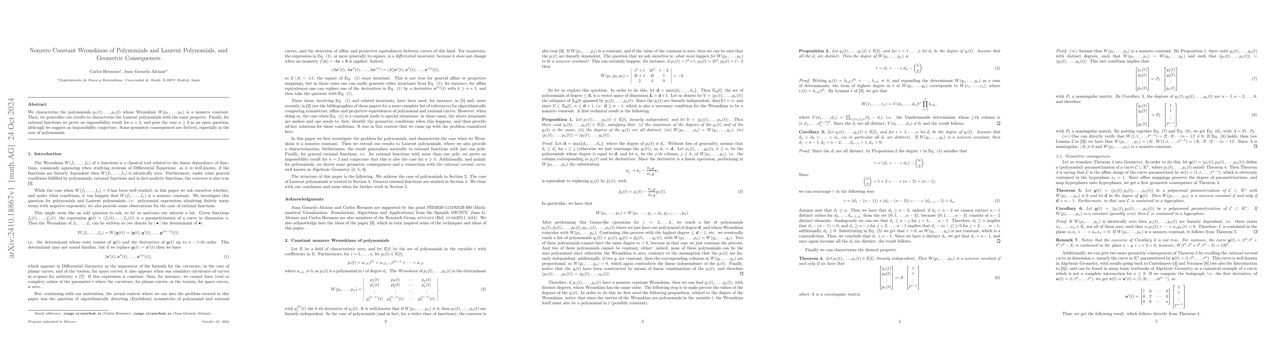 Thumbnail for Nonzero Constant Wronskians of Polynomials and Laurent Polynomials, and
  Geometric Consequences