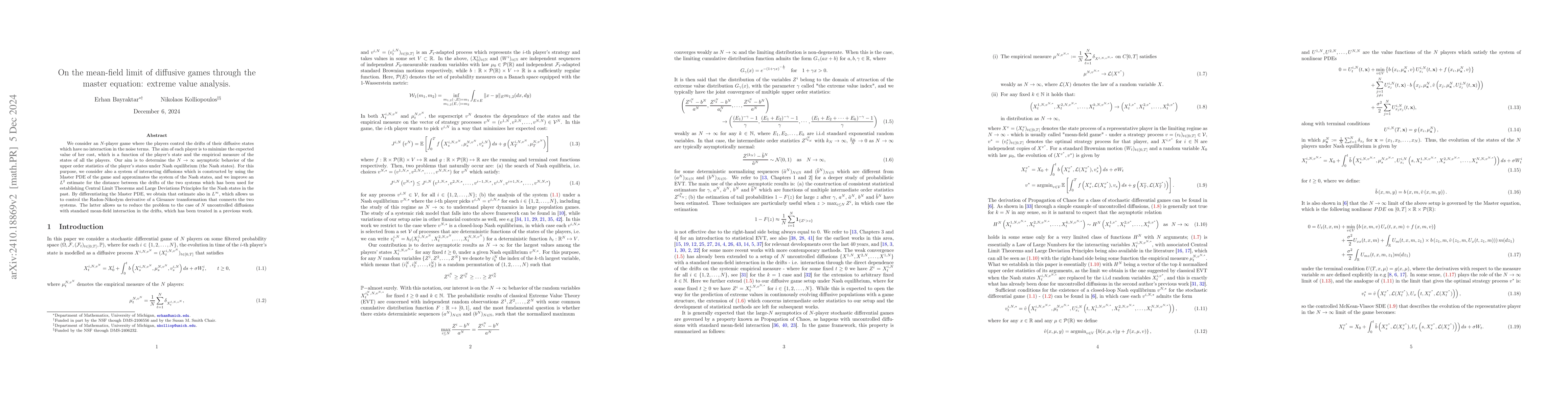 Thumbnail for On the mean-field limit of diffusive games through the master equation:
  extreme value analysis