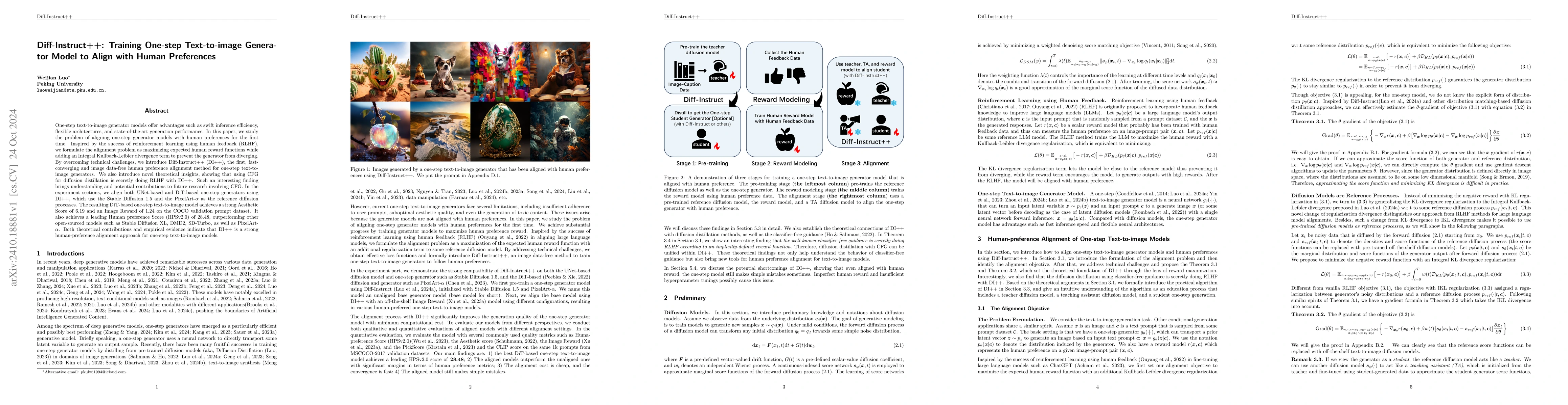 Thumbnail for Diff-Instruct++: Training One-step Text-to-image Generator Model to
  Align with Human Preferences