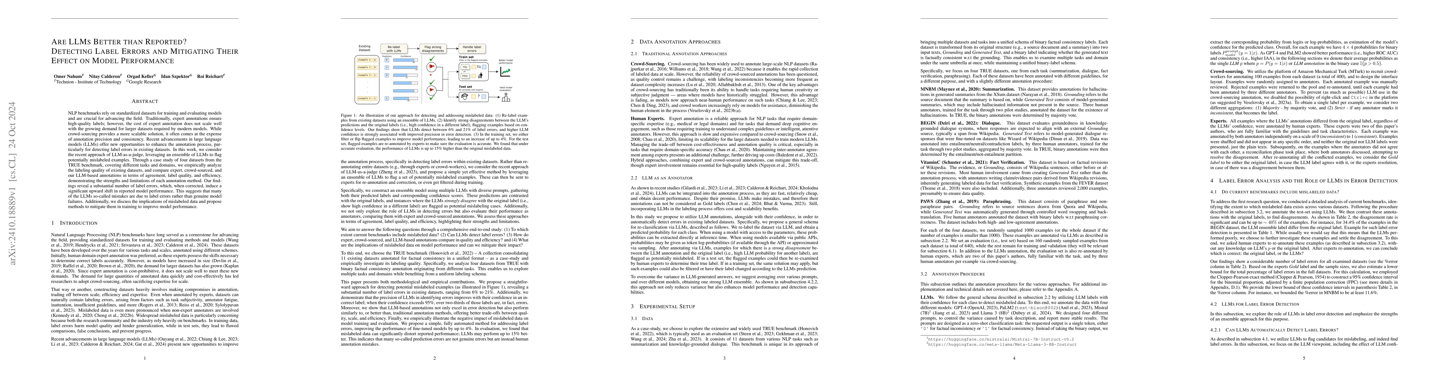 Thumbnail for Are LLMs Better than Reported? Detecting Label Errors and Mitigating
  Their Effect on Model Performance