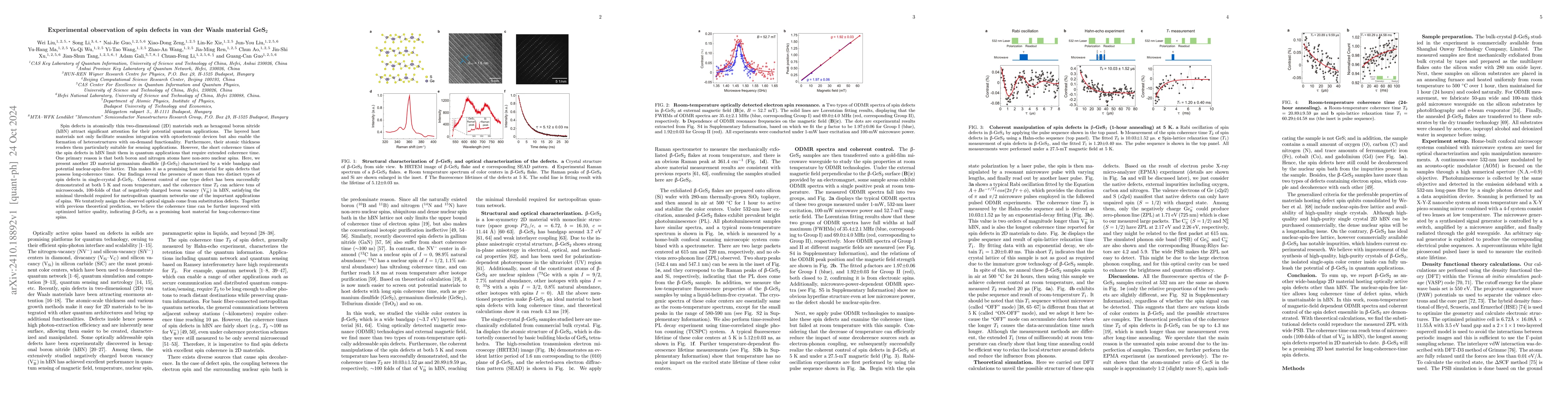Thumbnail for Experimental observation of spin defects in van der Waals material
  GeS$_2$