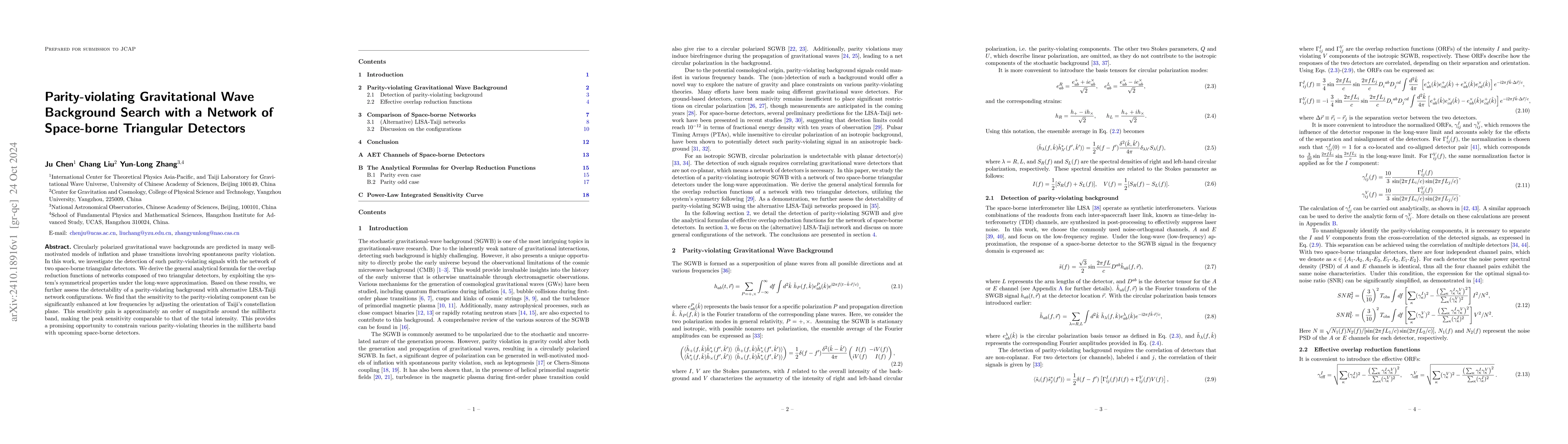 Thumbnail for Parity-violating Gravitational Wave Background Search with a Network of
  Space-borne Triangular Detectors