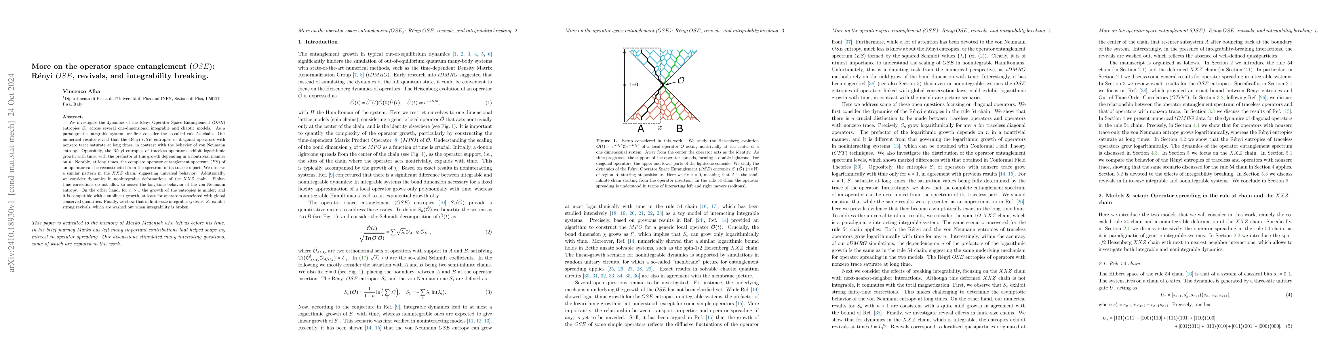 Thumbnail for More on the Operator Space Entanglement (OSE): Rényi OSE, revivals,
  and integrability breaking