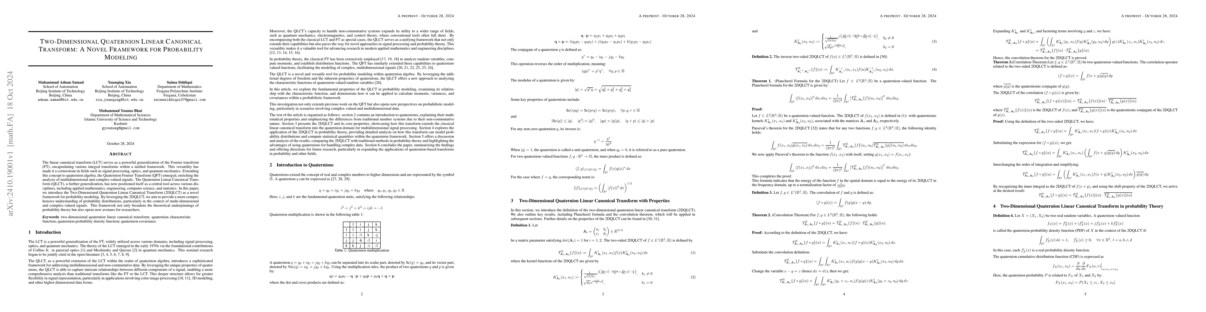 Thumbnail for Two-Dimensional Quaternion Linear Canonical Transform A Novel Framework
  for Probability Modeling