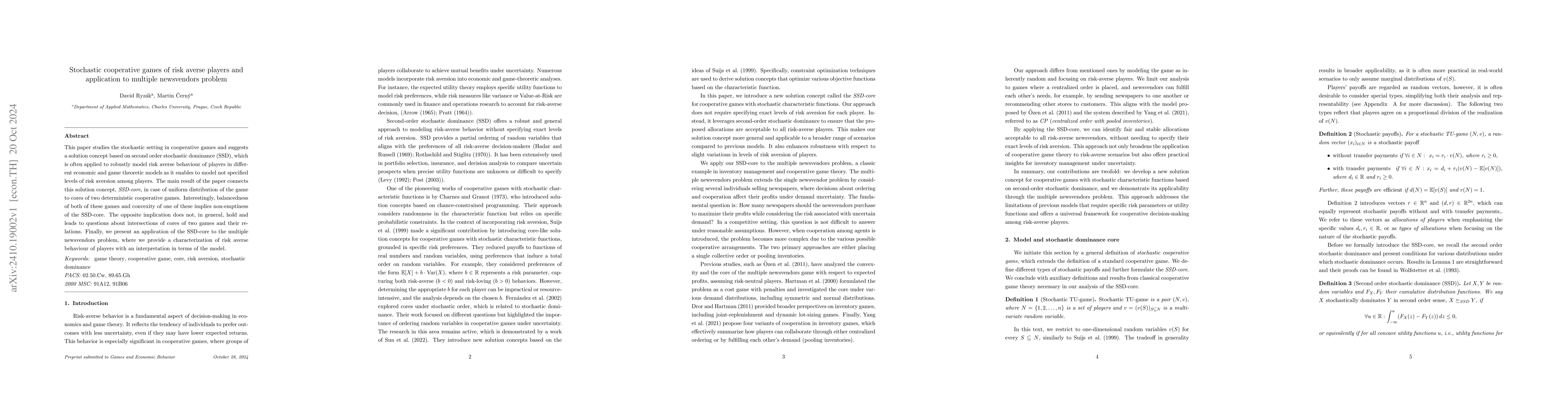 Thumbnail for Stochastic cooperative games of risk averse players and application to
  multiple newsvendors problem