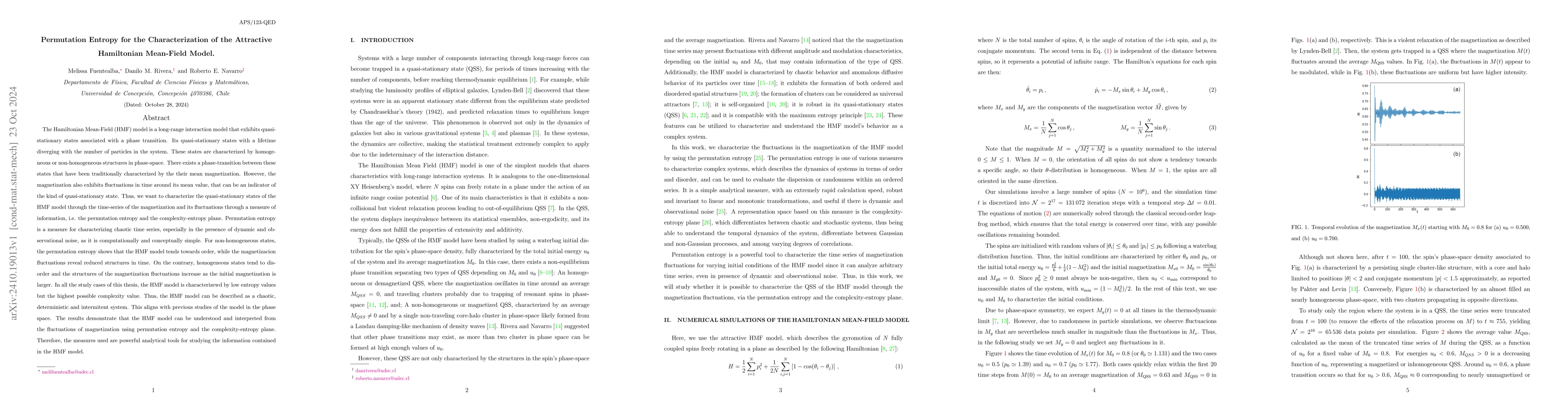 Thumbnail for Permutation Entropy for the Characterization of the Attractive
  Hamiltonian Mean-Field Model