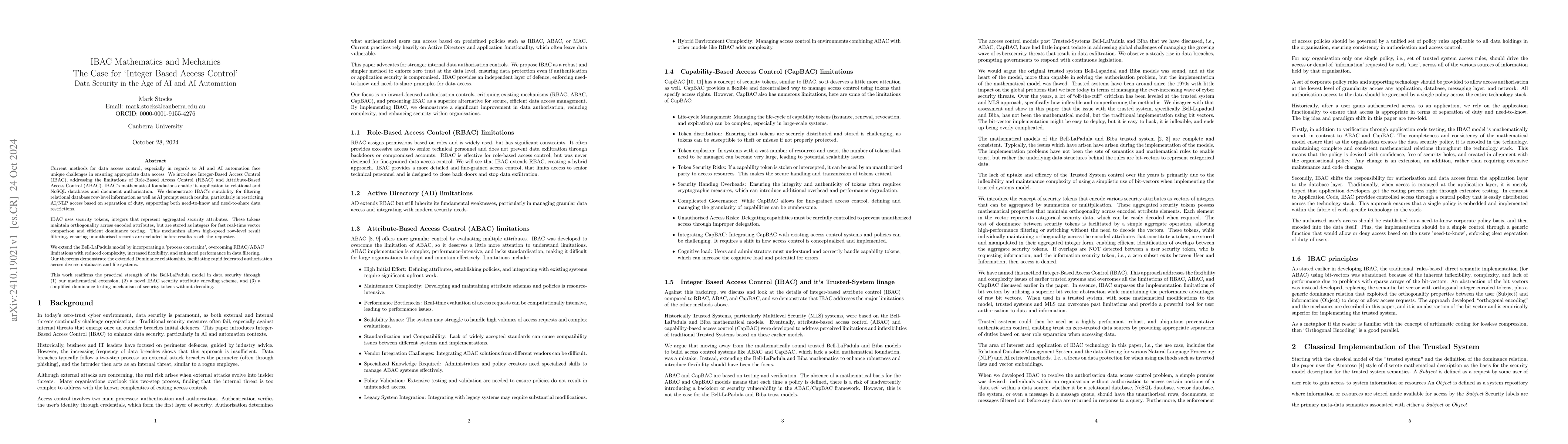 Thumbnail for IBAC Mathematics and Mechanics: The Case for 'Integer Based Access
  Control' of Data Security in the Age of AI and AI Automation