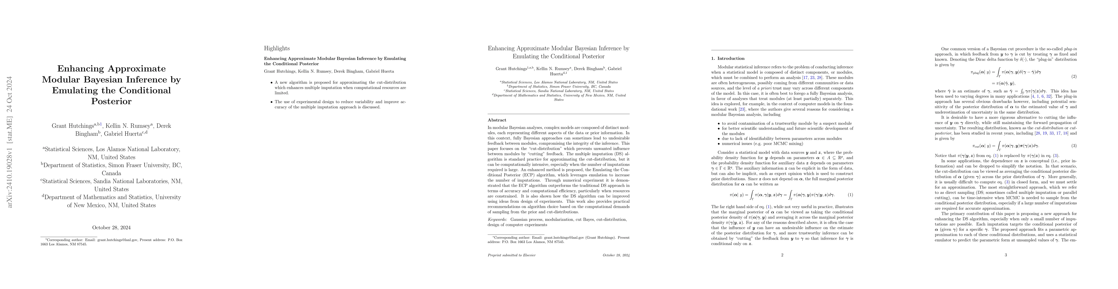 Thumbnail for Enhancing Approximate Modular Bayesian Inference by Emulating the
  Conditional Posterior