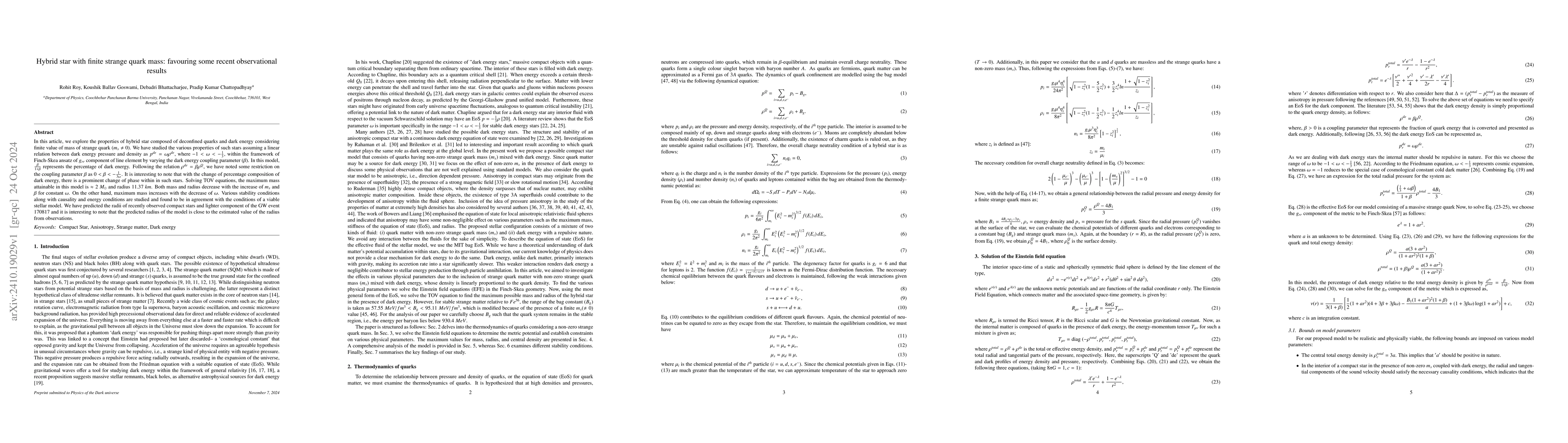 Thumbnail for Hybrid star with finite strange quark mass: favouring some recent
  observational results