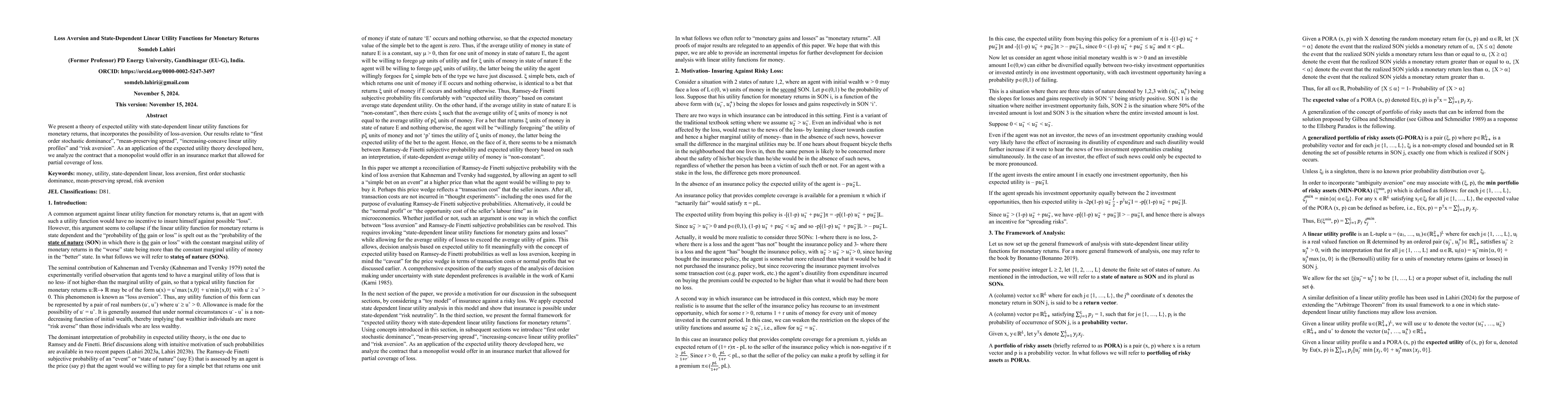Thumbnail for Loss Aversion and State-Dependent Linear Utility Functions for Monetary
  Returns