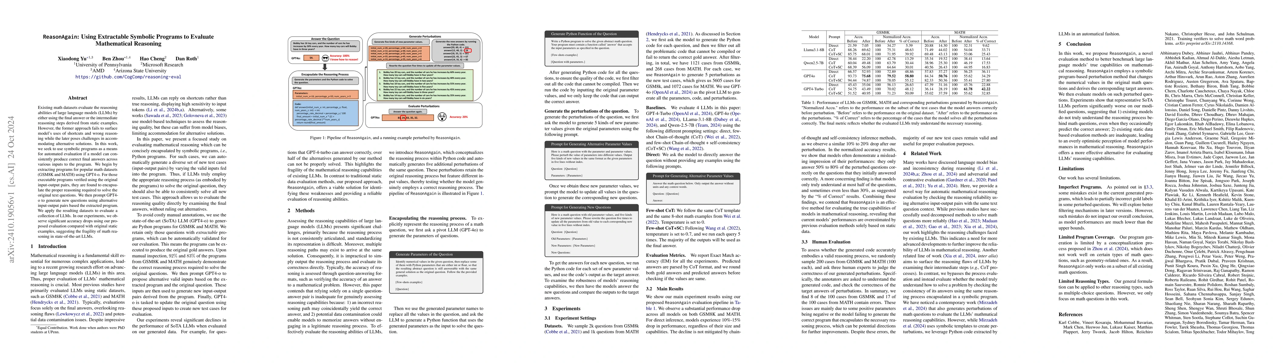 Thumbnail for ReasonAgain: Using Extractable Symbolic Programs to Evaluate
  Mathematical Reasoning