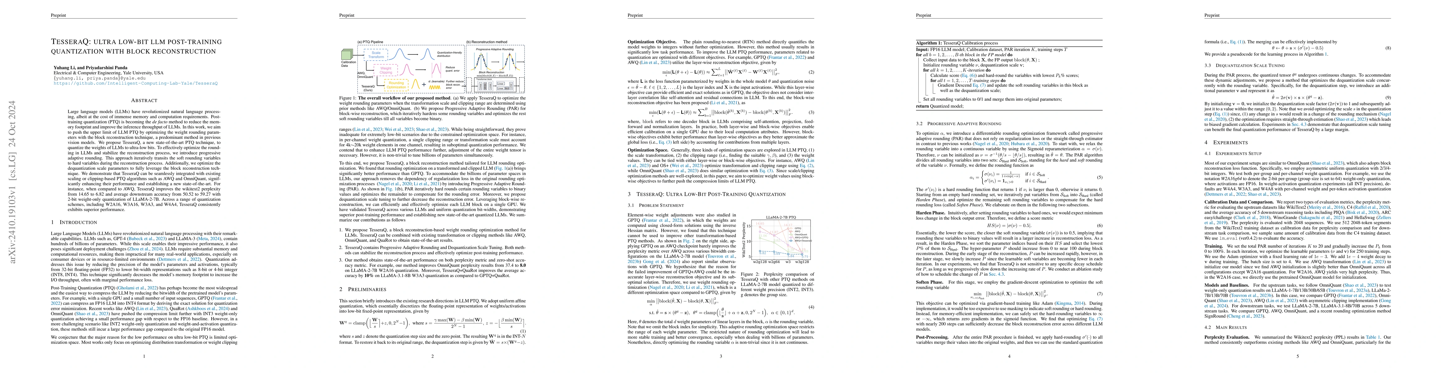 Thumbnail for TesseraQ: Ultra Low-Bit LLM Post-Training Quantization with Block
  Reconstruction