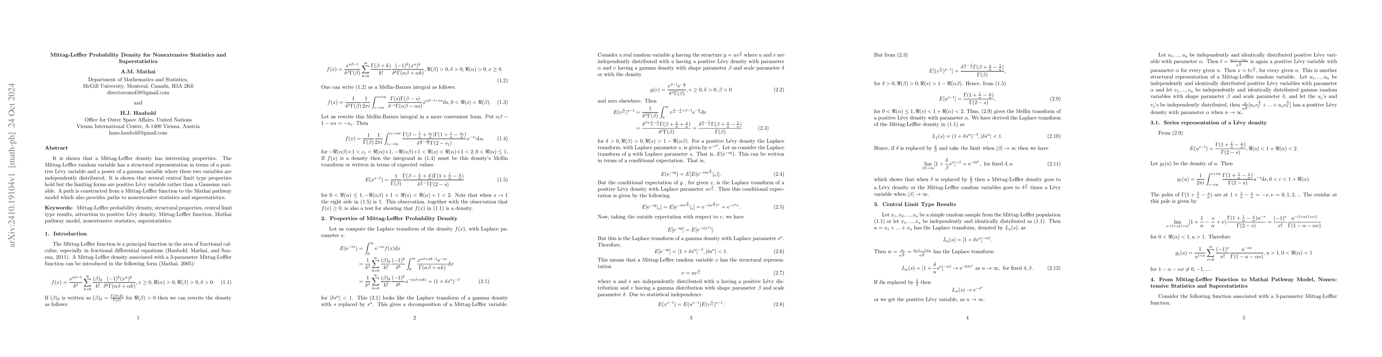 Thumbnail for Mittag-Leffler Probability Density for Nonextensive Statistics and
  Superstatistics