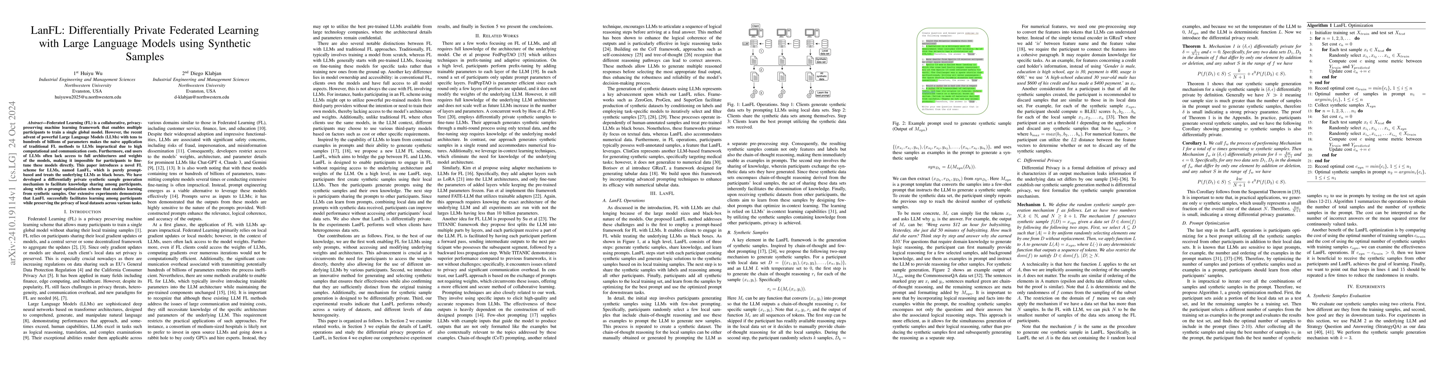 Thumbnail for LanFL: Differentially Private Federated Learning with Large Language
  Models using Synthetic Samples