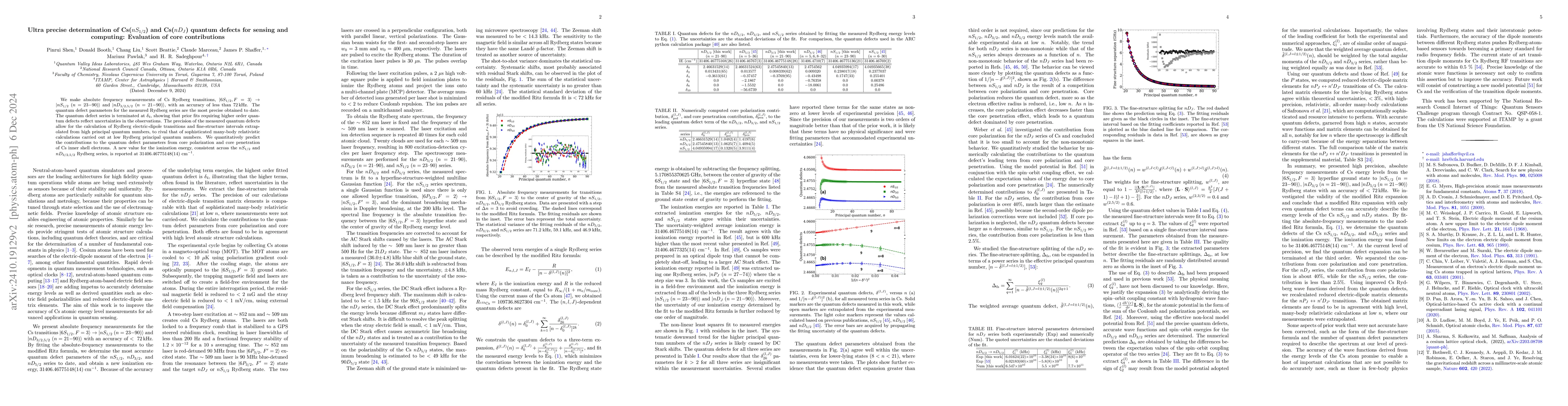 Thumbnail for Ultra precise determination of Cs($nS_{1/2}$) and Cs($nD_J$) quantum
  defects for sensing and computing: Evaluation of core contributions