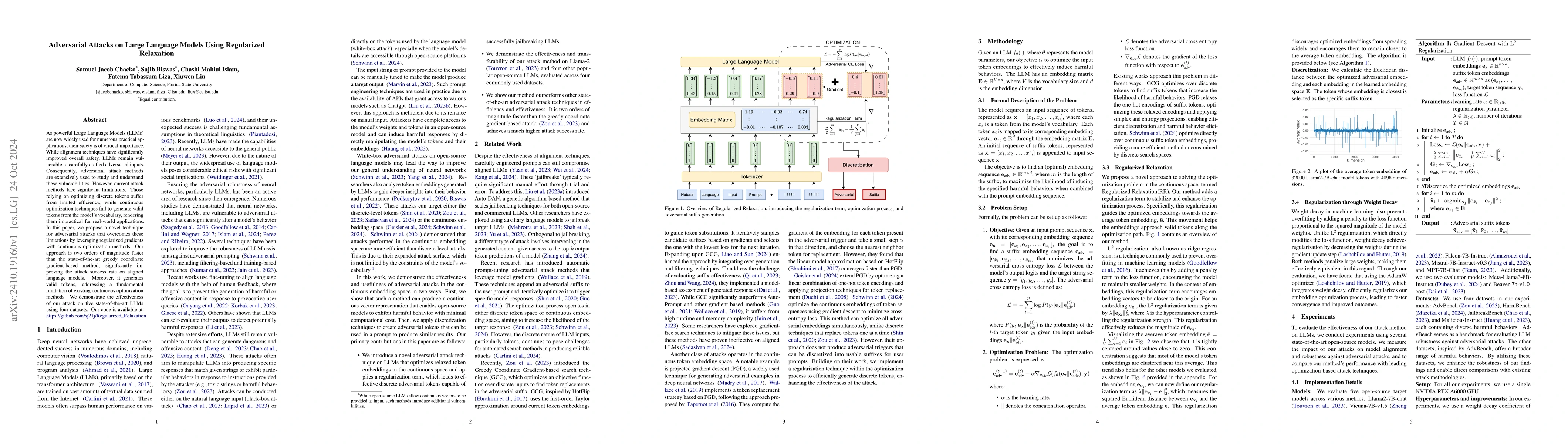 Thumbnail for Adversarial Attacks on Large Language Models Using Regularized
  Relaxation