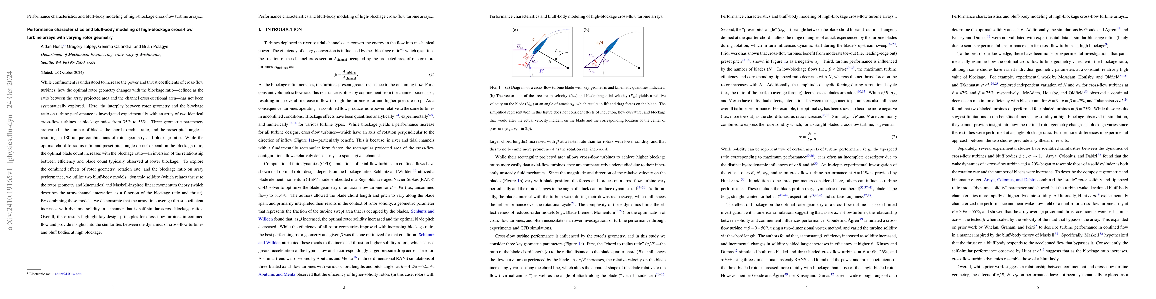 Thumbnail for Performance characteristics and bluff-body modeling of high-blockage
  cross-flow turbine arrays with varying rotor geometry