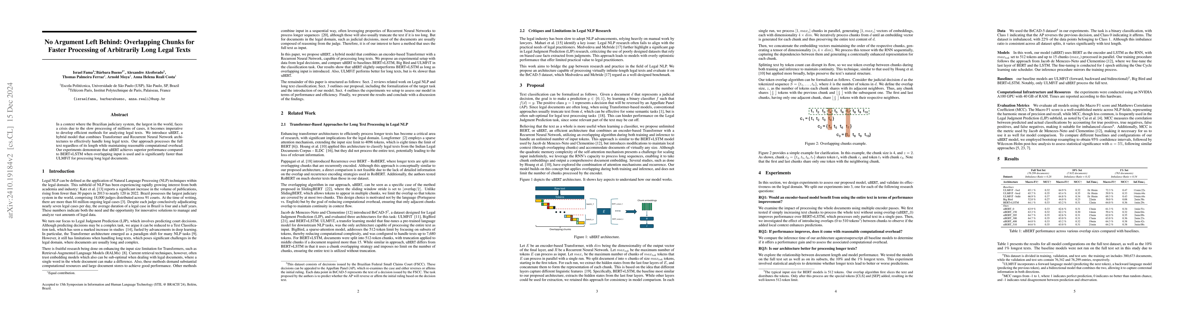 Thumbnail for No Argument Left Behind: Overlapping Chunks for Faster Processing of
  Arbitrarily Long Legal Texts