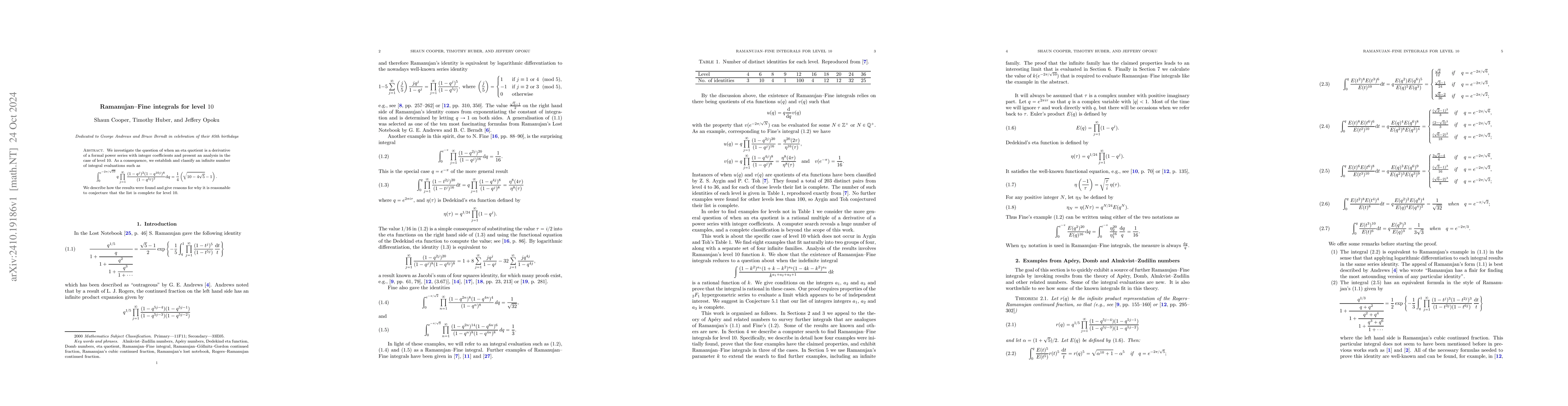 Thumbnail for Ramanujan--Fine integrals for level 10