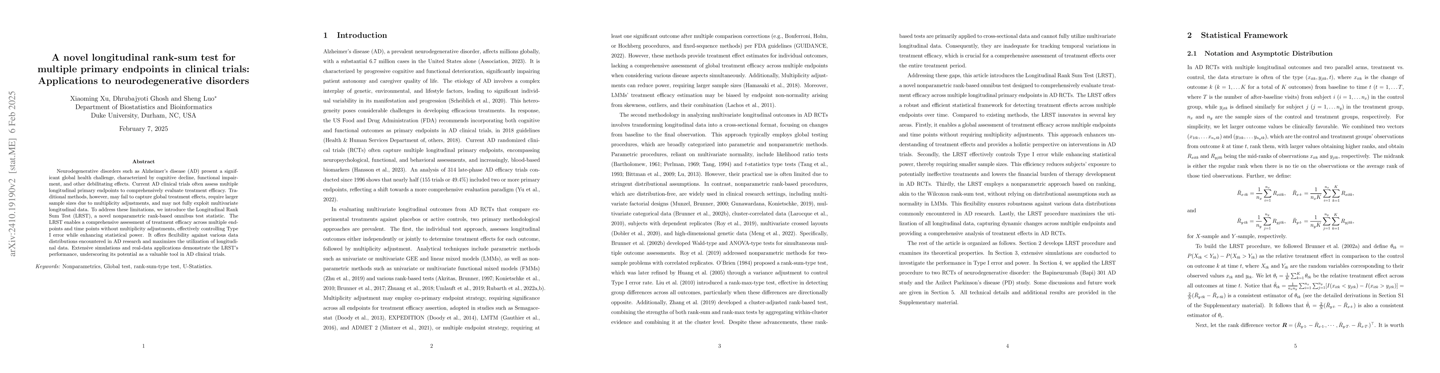 Thumbnail for A novel longitudinal rank-sum test for multiple primary endpoints in
  clinical trials: Applications to neurodegenerative disorders