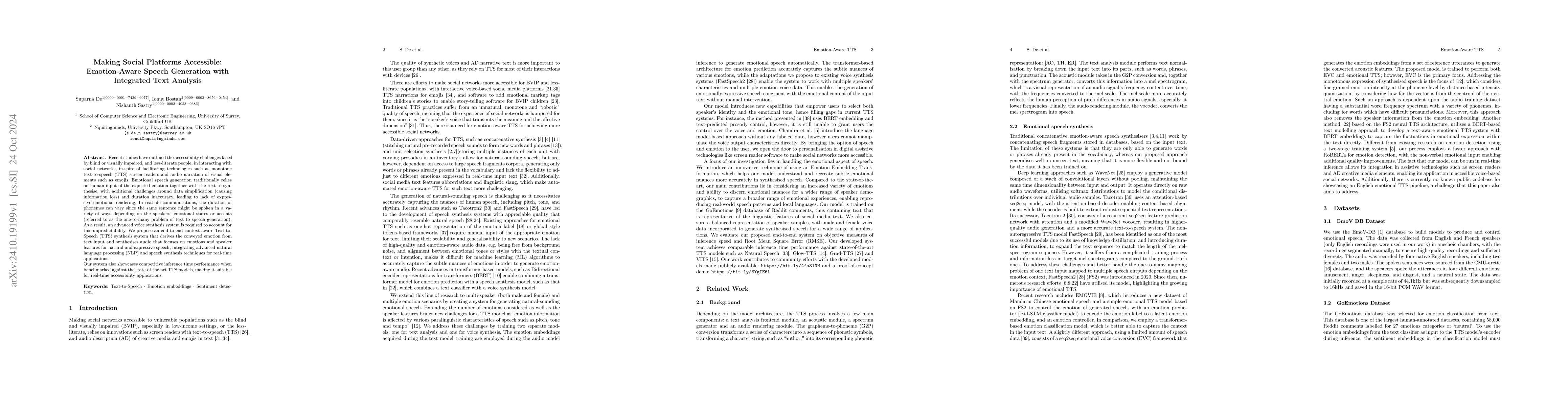 Thumbnail for Making Social Platforms Accessible: Emotion-Aware Speech Generation with
  Integrated Text Analysis
