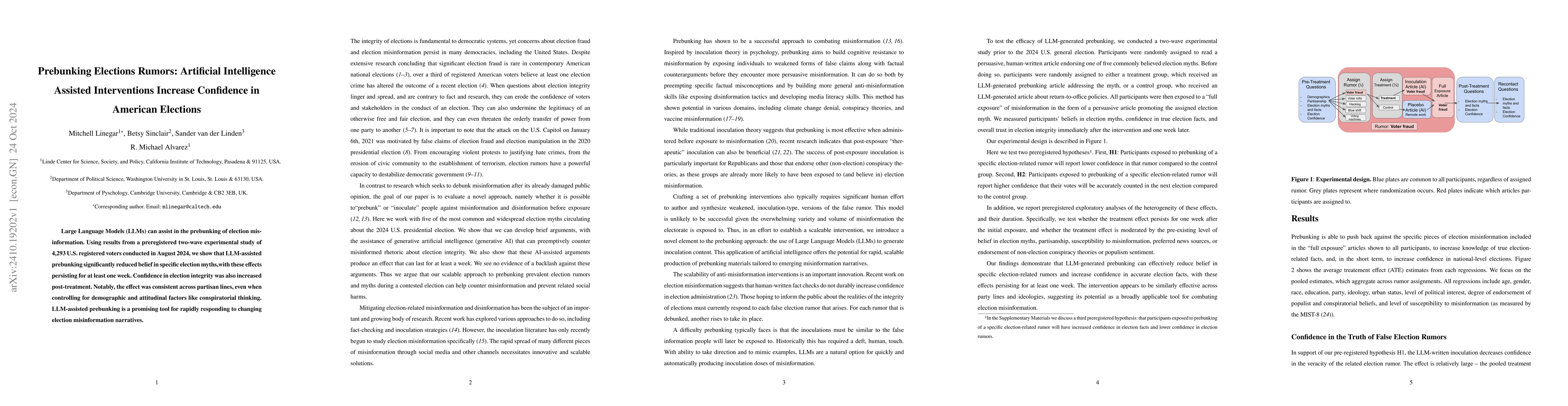 Thumbnail for Prebunking Elections Rumors: Artificial Intelligence Assisted
  Interventions Increase Confidence in American Elections