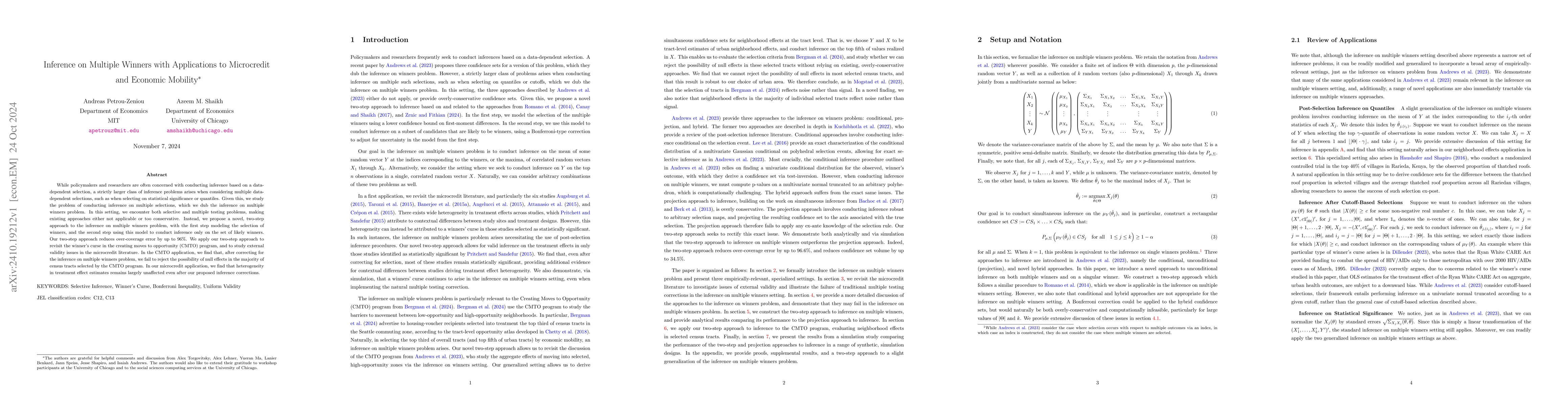 Thumbnail for Inference on Multiple Winners with Applications to Microcredit and
  Economic Mobility