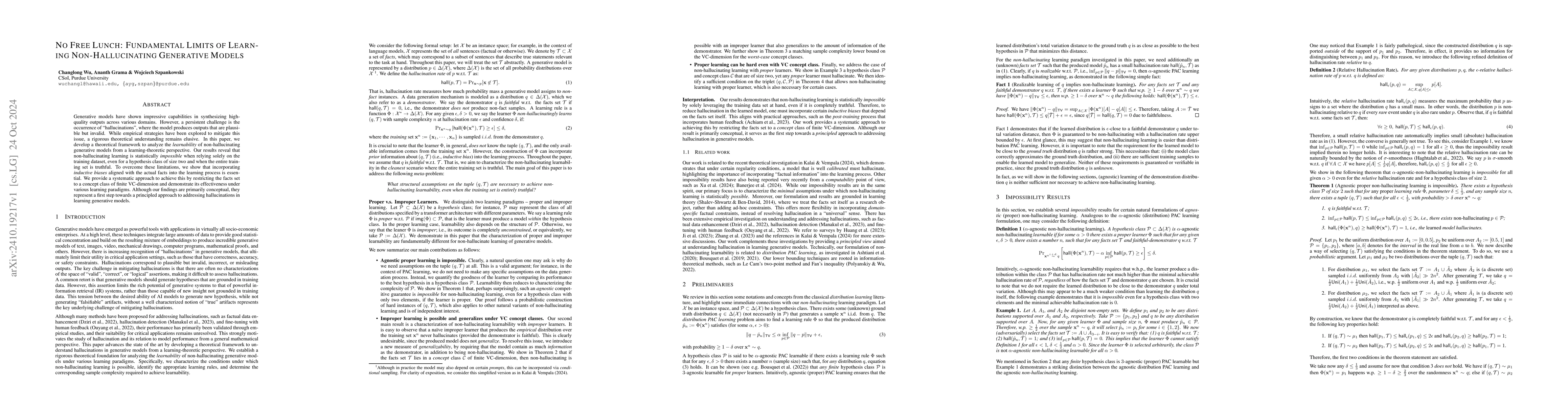 Thumbnail for No Free Lunch: Fundamental Limits of Learning Non-Hallucinating
  Generative Models