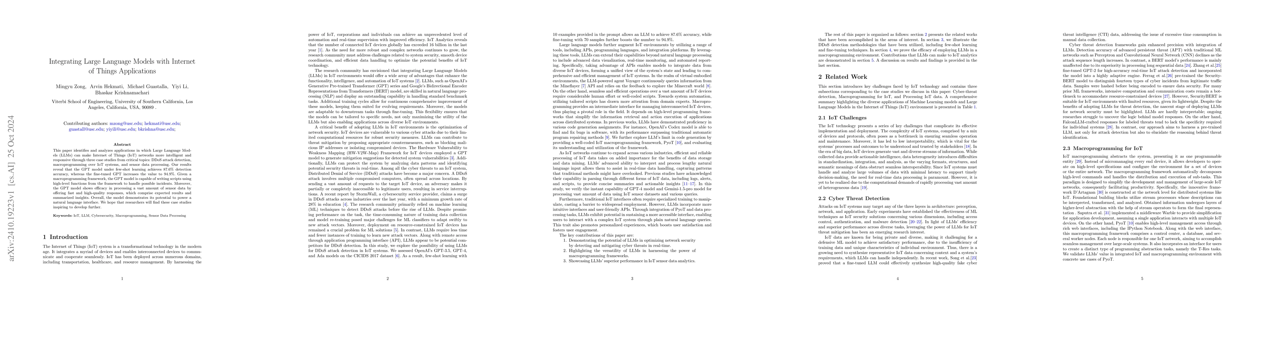 Thumbnail for Integrating Large Language Models with Internet of Things Applications